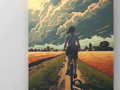 Person Riding Bicycle On Country Road With Golden Fields And Cloudy Sky 3d model