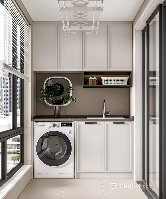 Home Balcony Laundry Area With White Storage Cabinets Sink Window Blinds And Decorative Plant 3d model 