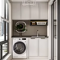 Home Balcony Laundry Area With White Storage Cabinets Sink Window Blinds And Decorative Plant