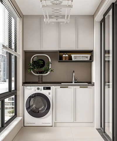 Home Balcony Laundry Area With White Storage Cabinets Sink Window Blinds And Decorative Plant 3d model