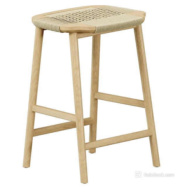 Modern Minimalist Oak Bar Stool With Woven Seat And Wooden Legs Design 3d model 