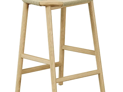Modern Minimalist Oak Bar Stool With Woven Seat And Wooden Legs Design 3d model