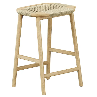 Modern Minimalist Oak Bar Stool With Woven Seat And Wooden Legs Design 3d model