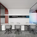 Modern Break Room Interior Design With White Long Table Gray Chairs And Red Cabinets 3d model