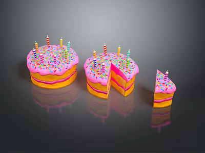 Whole And Sliced Birthday Cake With Pink Frosting Colorful Sprinkles And Lit Candles 3d model