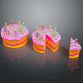 Whole And Sliced Birthday Cake With Pink Frosting Colorful Sprinkles And Lit Candles