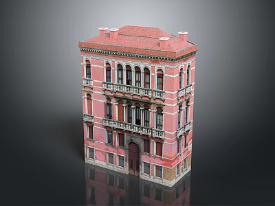 Classic Pink Multi Story Building With Red Roof Arched Windows And Ornate Balconies 3d model