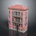 Classic Pink Multi Story Building With Red Roof Arched Windows And Ornate Balconies