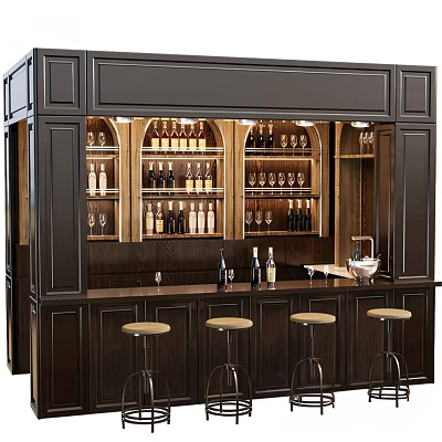 Elegant Dark Wooden Bar Interior Featuring Wine Racks Bottles Glasses Counter And Stools 3d model