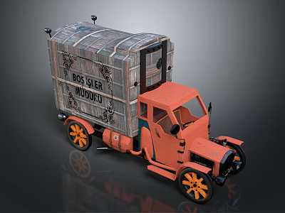 Vintage Orange Truck With Wooden Cargo Bed And Black Wheels With Orange Rims 3d model