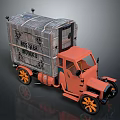 Vintage Orange Truck With Wooden Cargo Bed And Black Wheels With Orange Rims