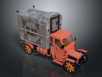Vintage Orange Truck With Wooden Cargo Bed And Black Wheels With Orange Rims 3d model