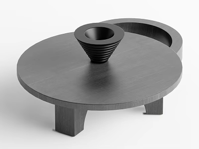 Round Black Wooden Coffee Table with Modern Design and Black Vase 3d model