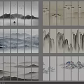 Multiple Panel Chinese Ink Landscape Paintings With Mountains Clouds Mist Flying Birds And Moon