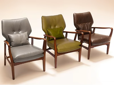 Modern Sofa Stools With Gray Green Brown Leather Seats And Wooden Arms 3d model