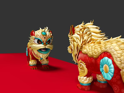 Traditional Lion Themed Decorative Ornaments Set With Golden Red Blue Floral Patterns 3d model