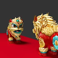 Traditional Lion Themed Decorative Ornaments Set With Golden Red Blue Floral Patterns
