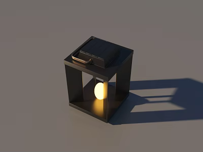 Solar Powered Black Square Lantern With Lighted Bulb And Modern Design 3d model