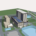 Modern Multi story Office Building With Symmetric Facade And Green Lawn Surroundings
