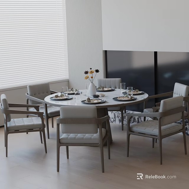 Modern Round Dining Table Set with Gray Upholstered Chairs Tableware and Vase in Modern Interior 3d model