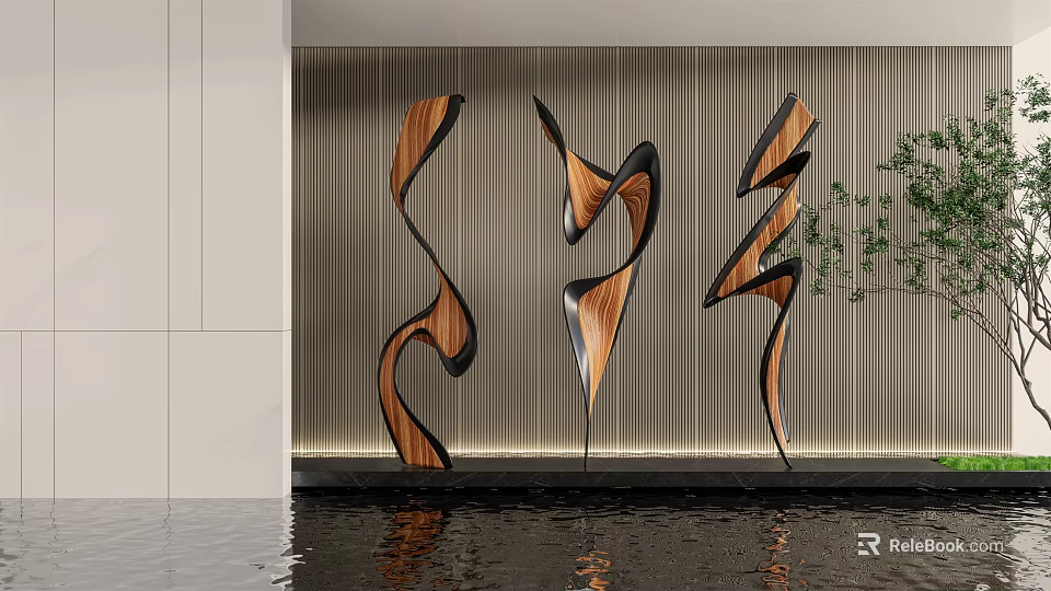 Dynamic Modern Abstract Wooden Metal Sculptures With Curved Design And Water Reflection 3d model 