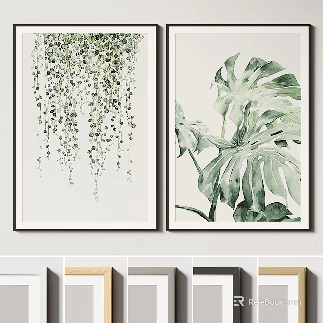 Green Plant Themed Wall Art Decor With Watercolor Hanging Leaves And Monstera 3d model 
