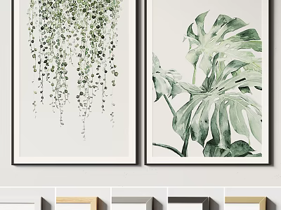 Green Plant Themed Wall Art Decor With Watercolor Hanging Leaves And Monstera 3d model