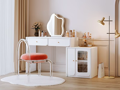 White Vanity Table With Curved Mirror Drawers Transparent Chair Red Cushion And Gold Floor Lamp 3d model