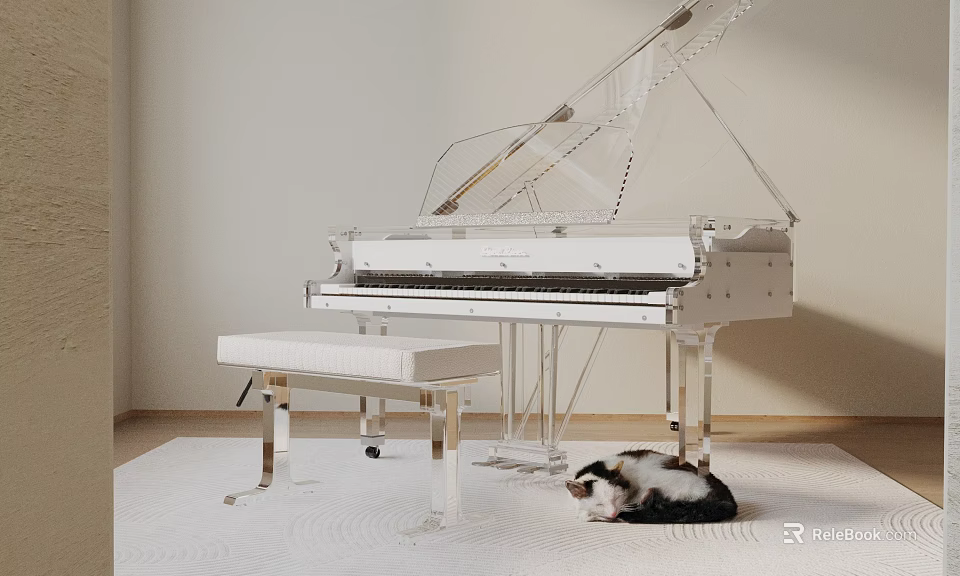 Transparent White Grand Piano With Matching Bench And Cat Resting On Rug Indoor Scene 3d model 