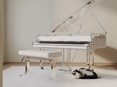 Transparent White Grand Piano With Matching Bench And Cat Resting On Rug Indoor Scene 3d model