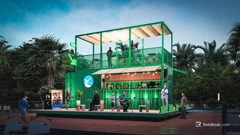 Green Container Café With Two Story Structure Outdoor Terrace And Lush Greenery 3d model 