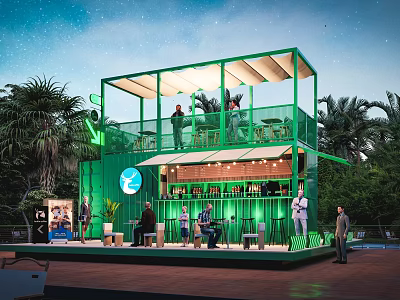 Green Container Café With Two Story Structure Outdoor Terrace And Lush Greenery 3d model
