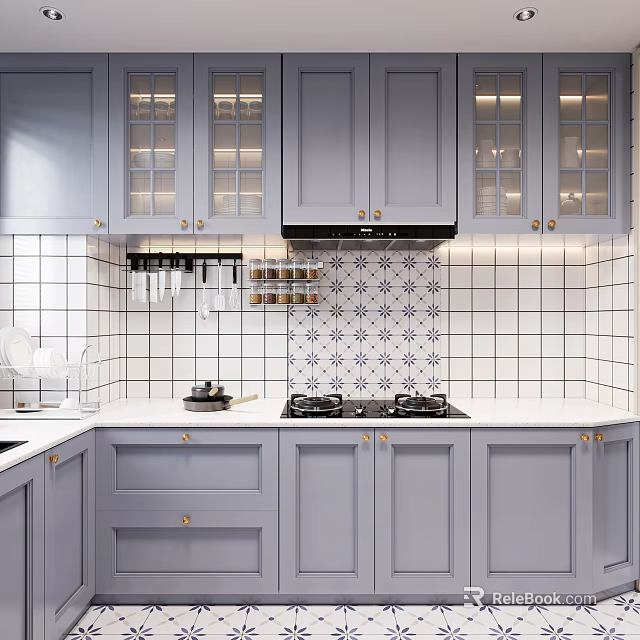 Gray Kitchen Cabinets With Glass Doors And Blue White Patterned Tile Backsplash In Modern Kitchen 3d model 