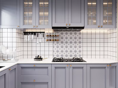 Gray Kitchen Cabinets With Glass Doors And Blue White Patterned Tile Backsplash In Modern Kitchen 3d model