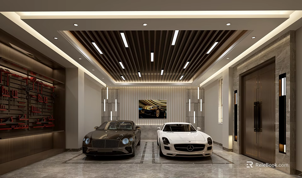 Modern Garage Interior Design With Luxury Black White Cars And Ceiling Strip Lights 3d model 