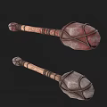 Primitive Weapon With Wooden Handle Rope Bound Head Rustic Red Gray Design Two Variants