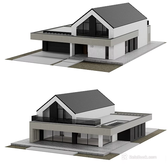Modern Single Family Villa With Pitched Roof Balcony Large Windows And Garage 3d model 