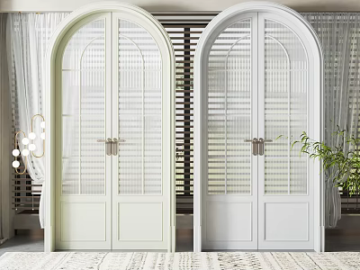 Modern Arched Double Glass Doors In Cream And White With Interior Curtains And Plant 3d model