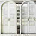 Modern Arched Double Glass Doors In Cream And White With Interior Curtains And Plant