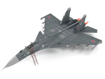 Gray Military Fighter Jet with Red Star Markings Mounted Missiles and Exhaust Flames 3d model