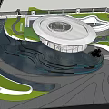 Water Fountain with Modern Glass Pavilion Green Trees and Lawn Area