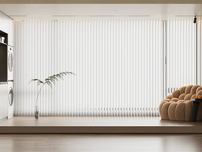 White Vertical Blinds In Modern Room With Sofa Washing Machine And Plant 3d model