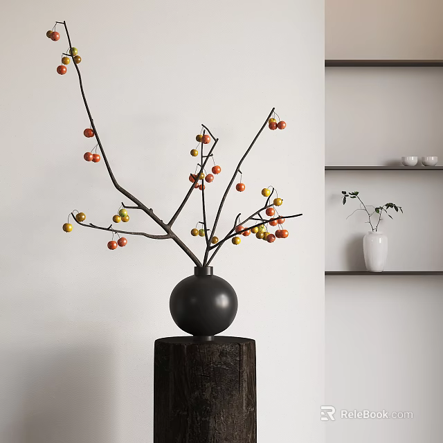 Ornamental Decor Set with Black Spherical Vase Branches Red Yellow Fruits on Dark Cylindrical Base 3d model 