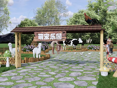 Cute Pet Paradise Featuring Wooden Archway Stone Path Green Plants And Animals 3d model