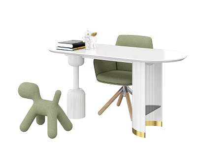 Modern White Desk with Green Chair Dog Shaped Plush Toy Books and Gold Accents 3d model