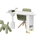 Modern White Desk with Green Chair Dog Shaped Plush Toy Books and Gold Accents