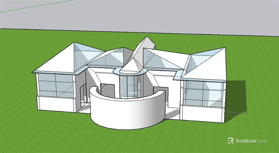Modern Architectural Design With Gabled Glass Roofs And Central Circular Structure On Green Lawn 3d model 