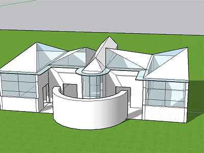 Modern Architectural Design With Gabled Glass Roofs And Central Circular Structure On Green Lawn 3d model