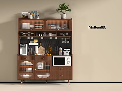 Modern Wooden Sideboard with Glass Doors Storage Shelves Microwave and Potted Plant on Top 3d model