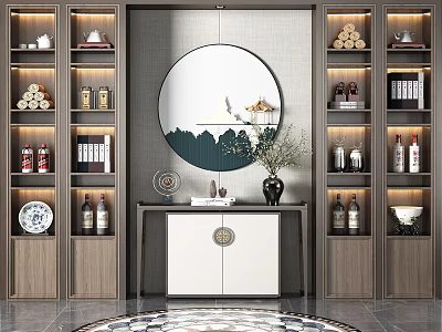 Chinese Style Wooden Decorative Cabinet With Round Mirror Open Shelves And Decorations 3d model